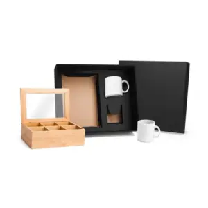 Kit para chá caixa em bambu e canecas em porcelana personalizado