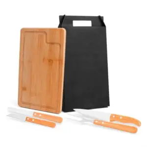 Conjunto para churrasco em bambu madeira e inox Dallas 5 peças personalizado