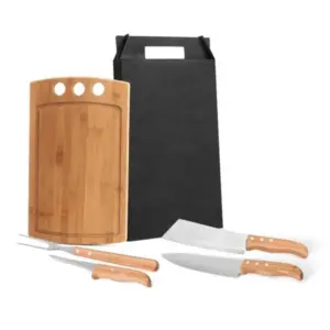 Conjunto para churrasco e cozinha em bambu madeira e inox 5 peças personalizado
