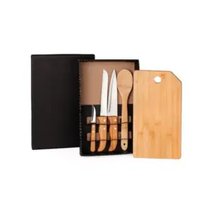 Kit para cozinha e pão em bambu e inox 5 peças personalizado