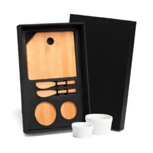 Kit para petisco com tábua espátulas e ramekins 5 peças personalizado