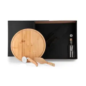 Kit para pizza com garrafa de vidro e tábua 4 peças personalizado