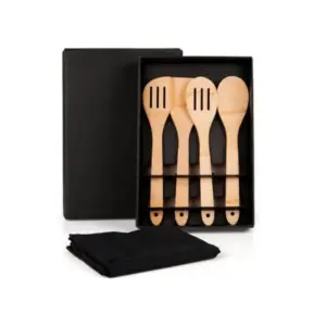 Kit utensílios em bambu com avental 5 peças personalizado