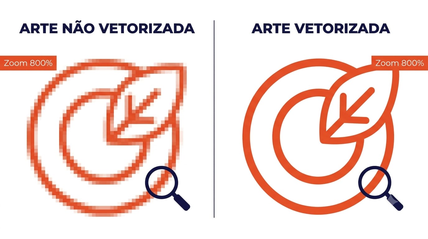 Comparação visual mostrando um logo com zoom aplicado: lado esquerdo pixelizado e borrado (arte não vetorizada) e lado direito nítido e definido (arte vetorizada)