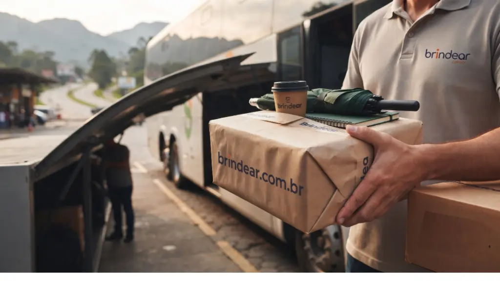 Colaborador da Brindear realizando entrega urgente de brindes corporativos personalizados e ecológicos no interior de Minas Gerais.