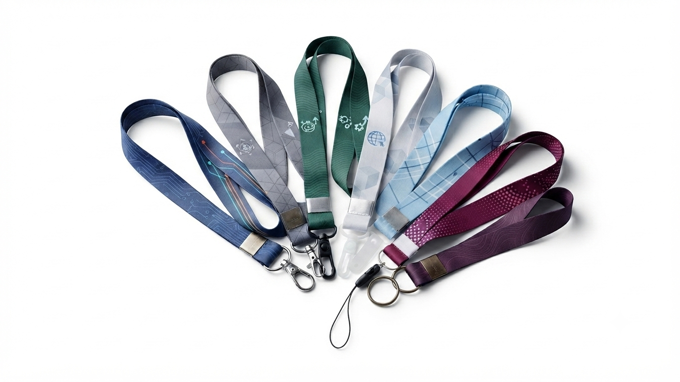Cordões para crachá personalizados em poliéster acetinado com diferentes opções de acabamento, incluindo mosquete, jacaré, argola, alça leitosa e ponteira para celular.