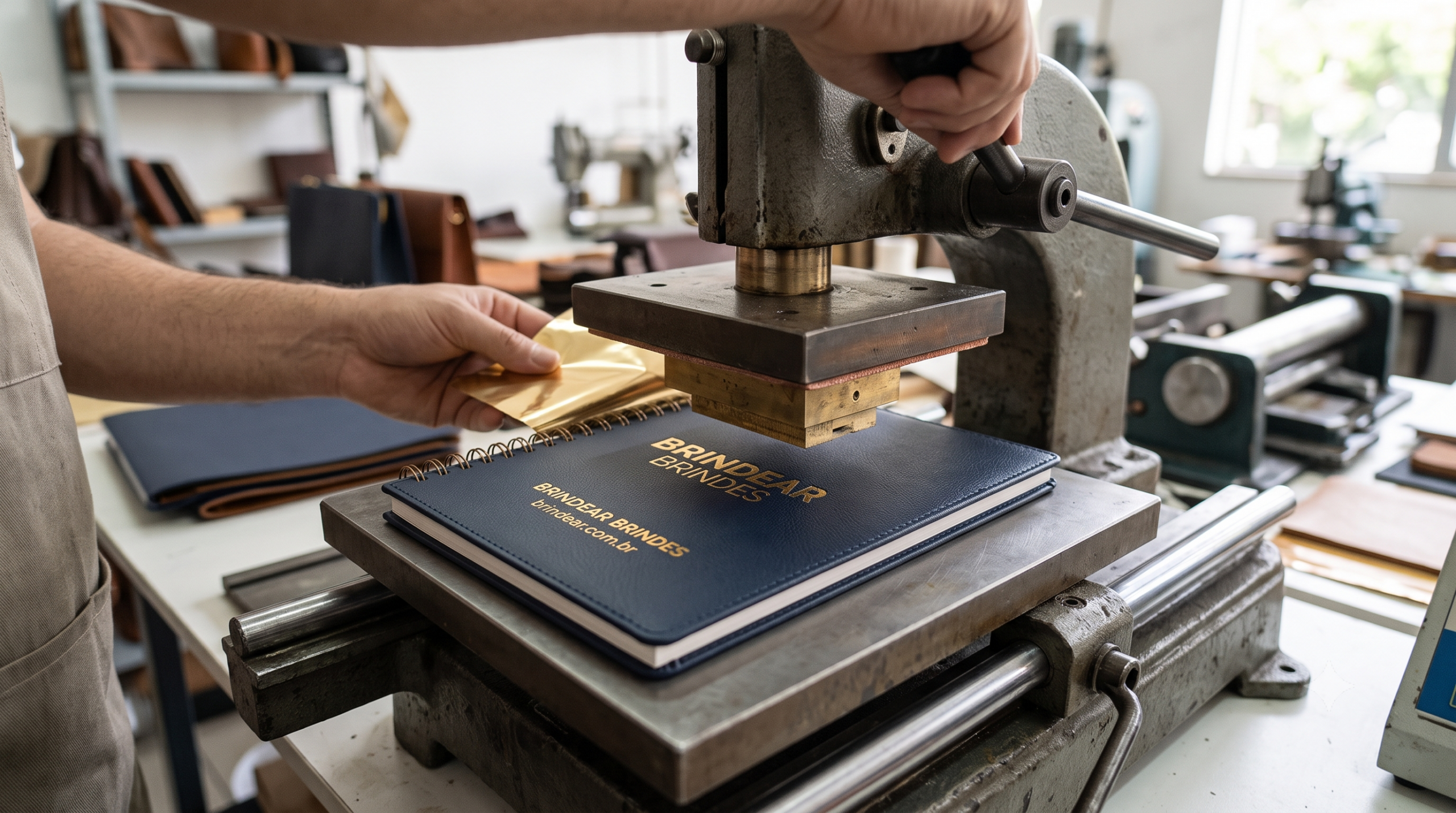 Hot stamping dourado em cadernos de couro