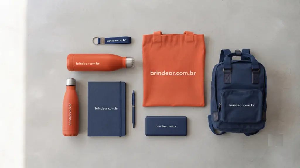 Garrafa térmica, ecobag, caderno, mochila, power bank e chaveiro personalizados com a marca Brindear