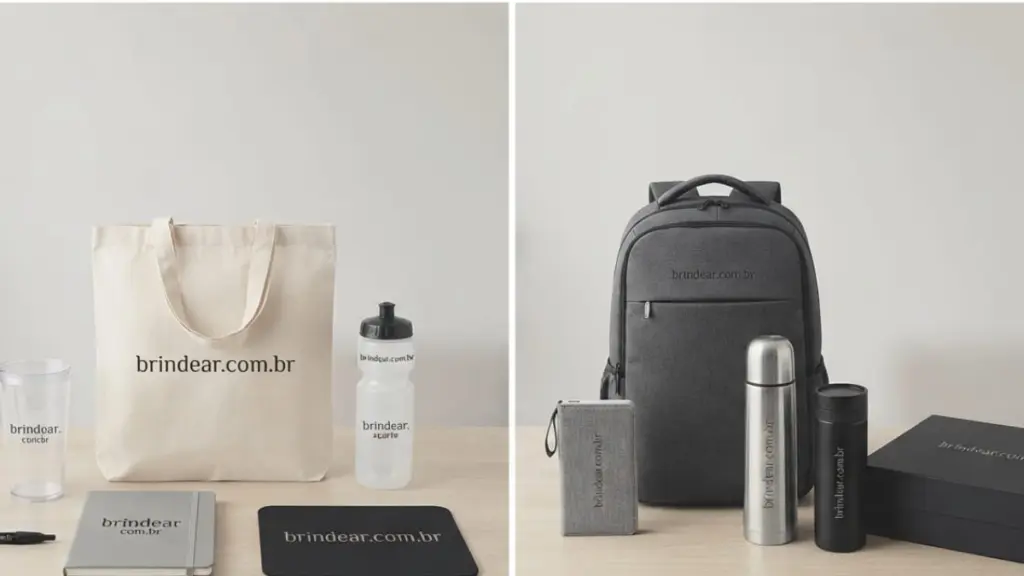 Comparação entre brindes clássicos personalizados (caneta, copo, bloco, sacola) e brindes estratégicos (mochila, garrafa térmica, power bank) com a marca Brindear