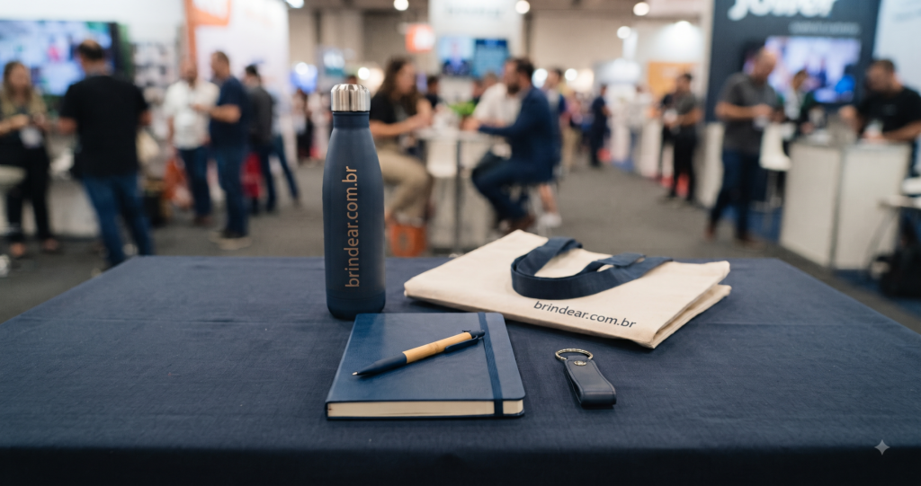 Mesa de estande com brindes corporativos personalizados para eventos — garrafa térmica e ecobag com a marca brindear.com.br, além de caderno, caneta e chaveiro — Brindear