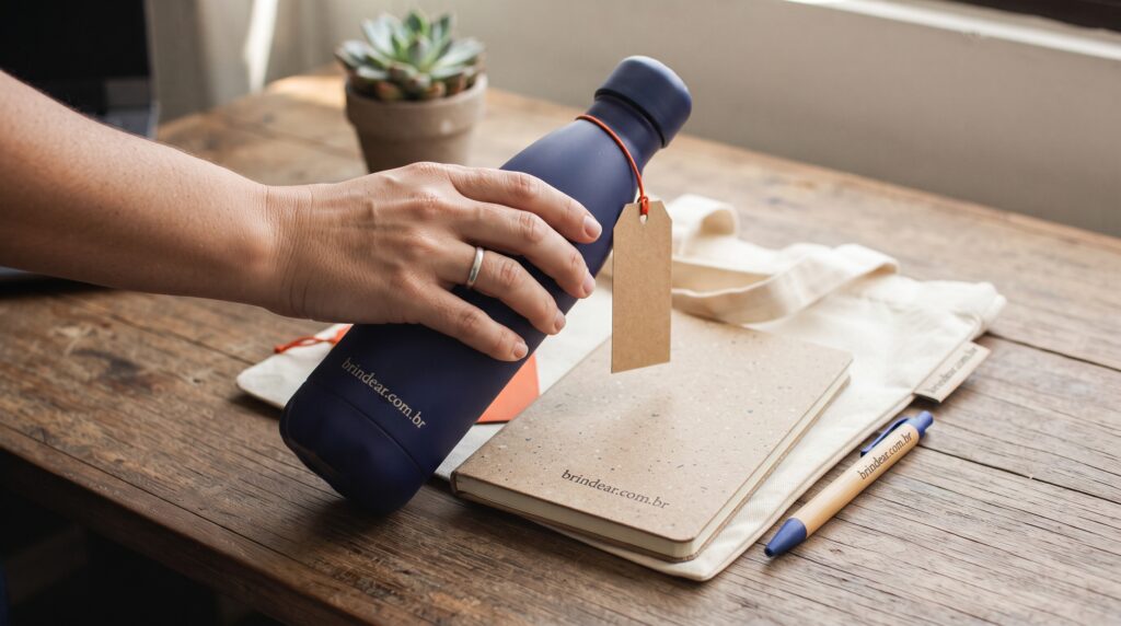 Brindes ecológicos personalizados: garrafa reciclada, caderno kraft e sacola de tecido com a marca Brindear