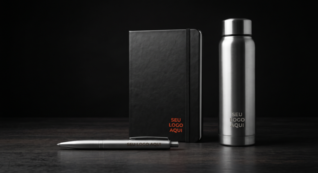 Caneta de metal, caderno e garrafa térmica personalizados com "seu logo aqui", compondo um kit executivo corporativo sobre fundo preto