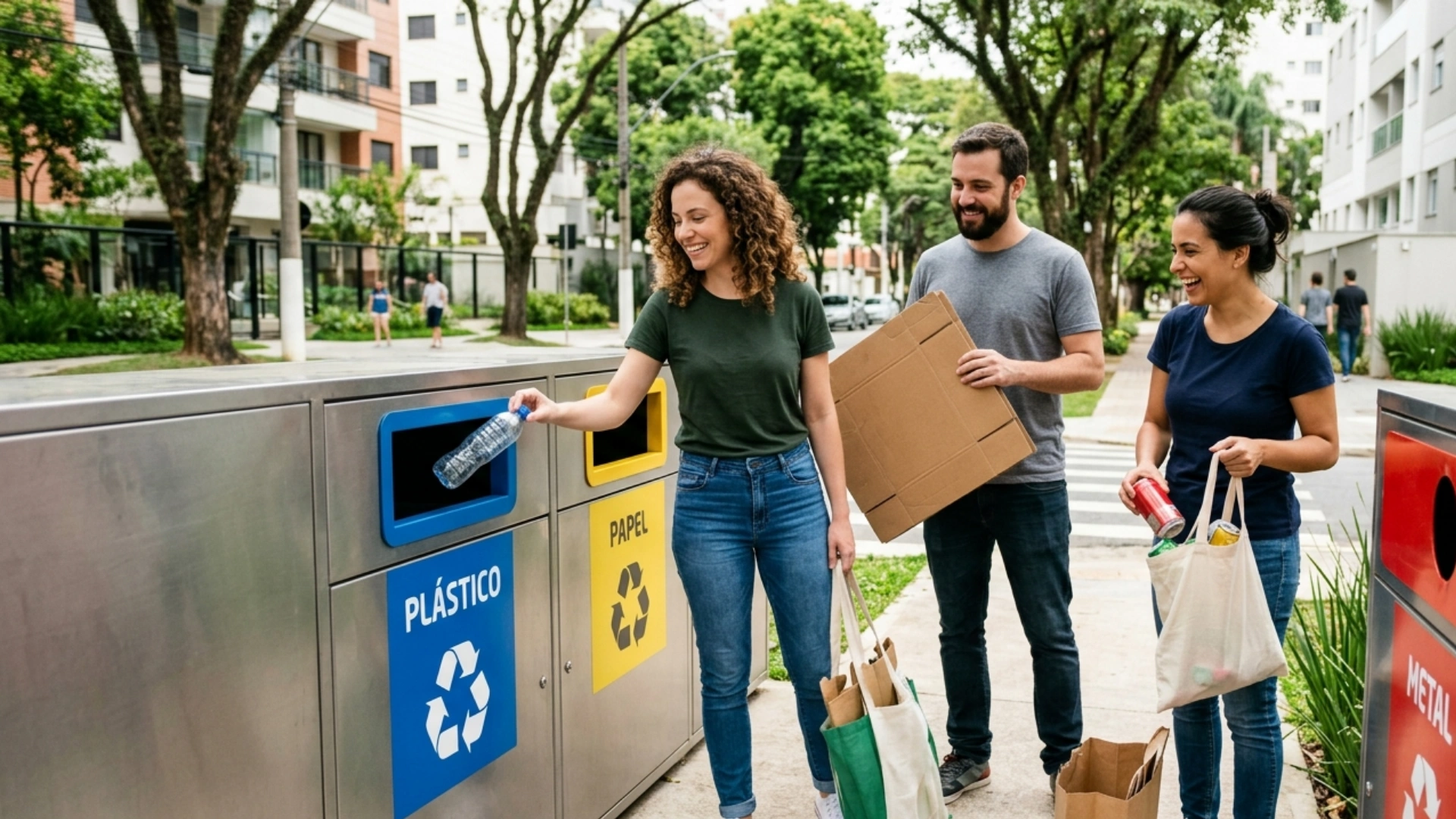 Pessoas depositando materiais recicláveis em ecoponto de coleta seletiva — campanha de sustentabilidade com brindes personalizados Brindear