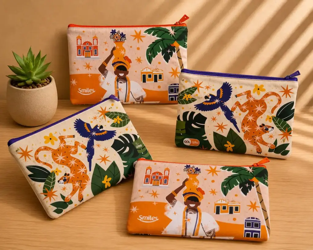 Necessaire personalizada em algodão com estampa exclusiva desenvolvida para a GOL e a Smiles, produzida pela Brindear
