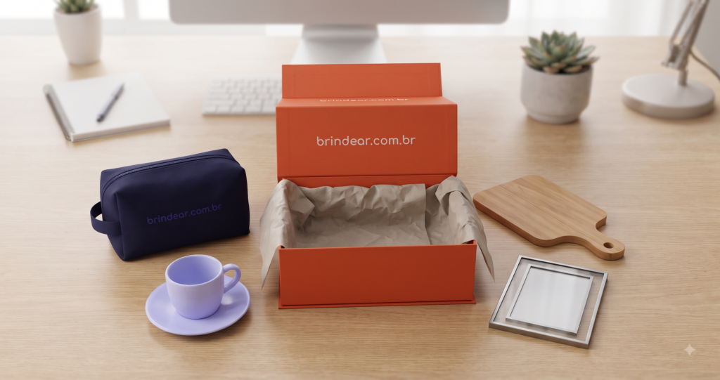 Kit corporativo personalizado com necessaire e caixa com a marca brindear.com.br, ao lado de porta-retrato, xícara e tábua — Brindear