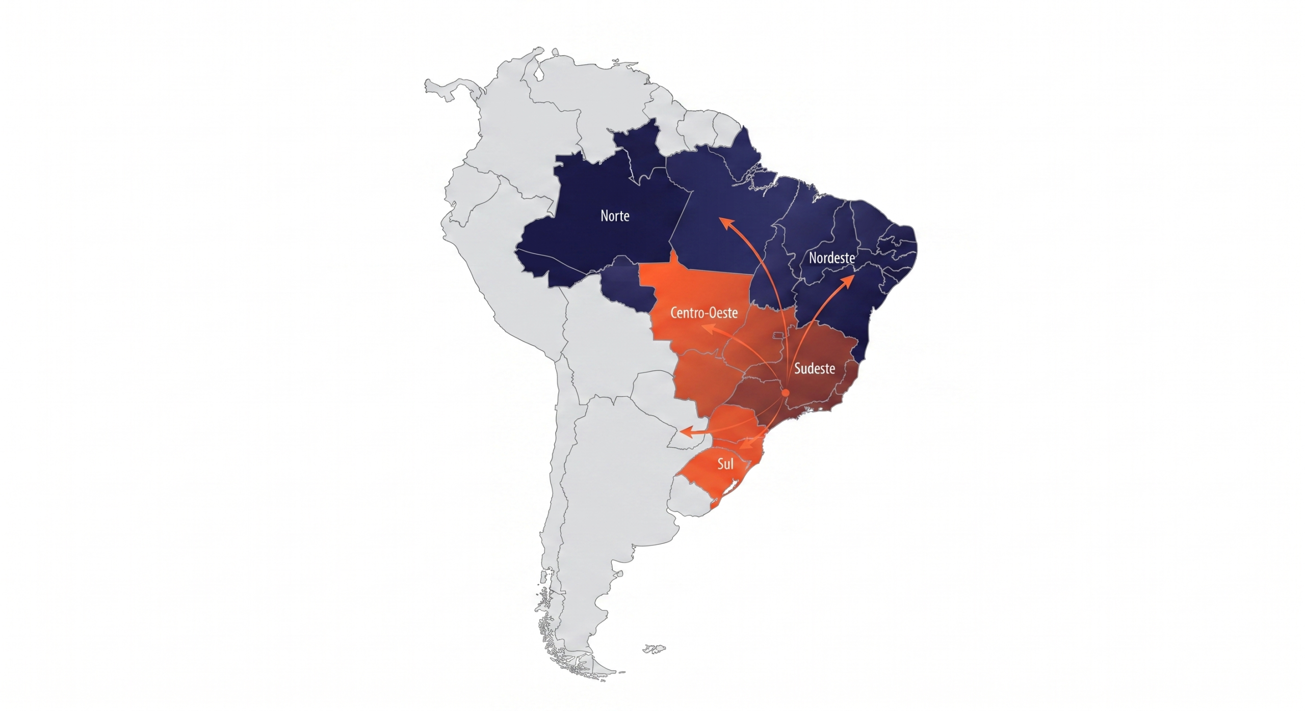 Mapa do Brasil destacando as regiões atendidas pela Brindear a partir de São Paulo
