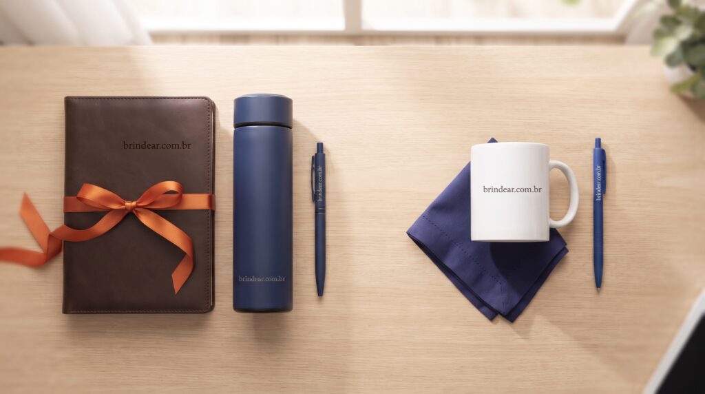 Kit de presente corporativo personalizado com a marca Brindear em caderno, garrafa térmica e caneca