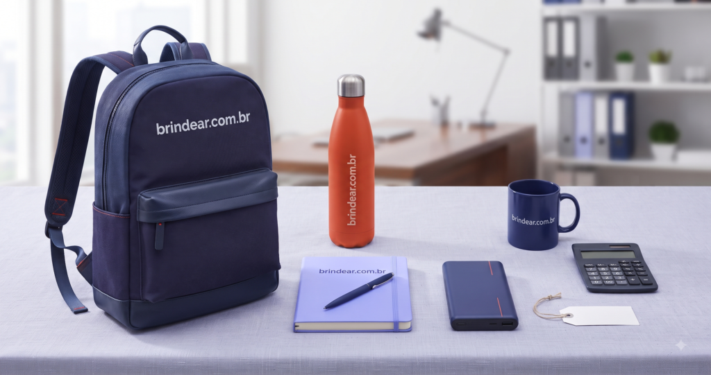 Mochila, garrafa térmica, caderno e caneca personalizados com a marca brindear.com.br, ao lado de power bank, calculadora e etiqueta de preço — Brindear