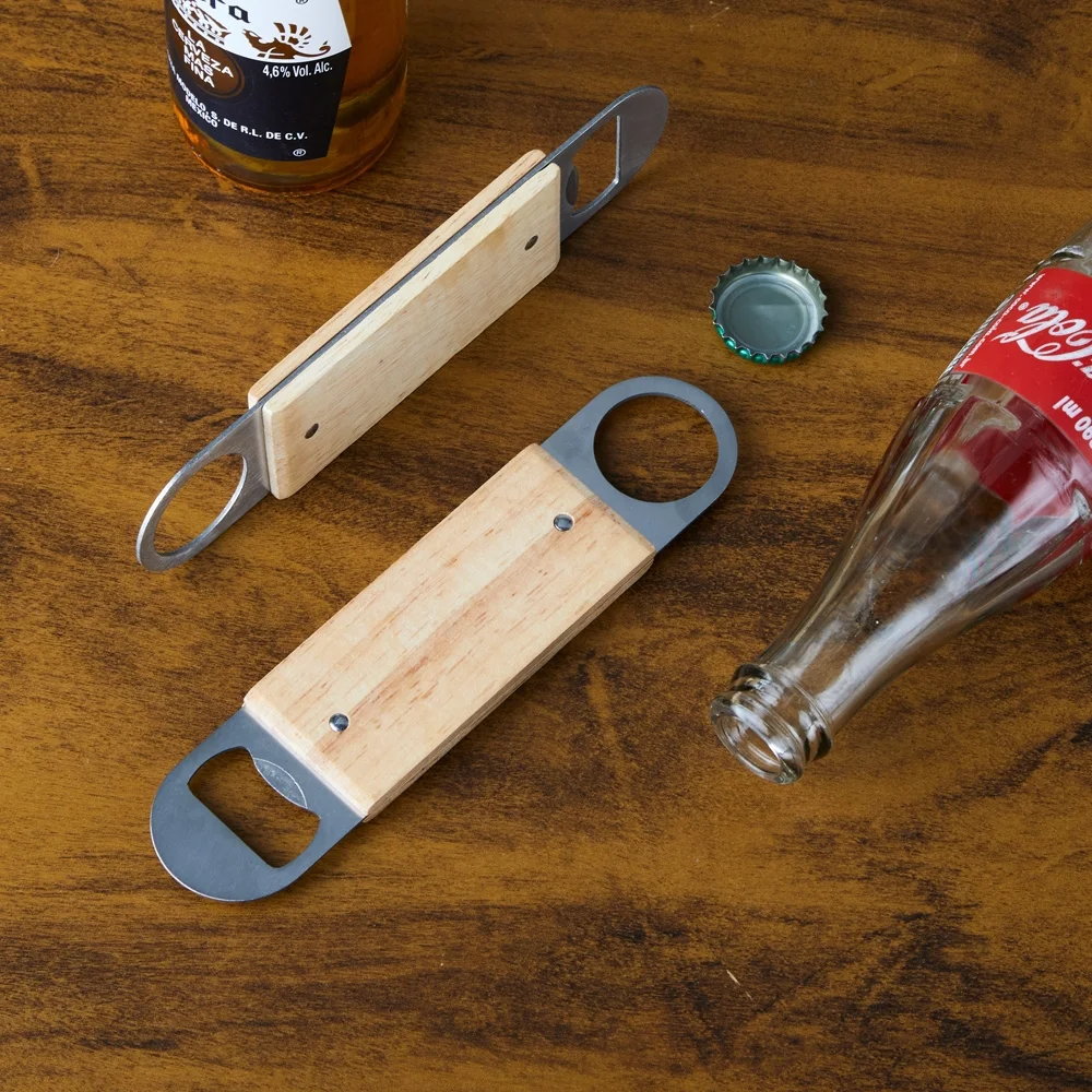 Abridor de garrafa inox com cabo de madeira personalizado