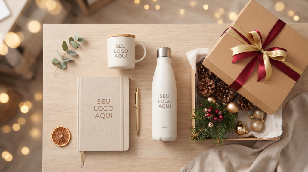 Garrafa térmica, caneca e agenda personalizadas com "seu logo aqui", compondo um kit de brindes de fim de ano