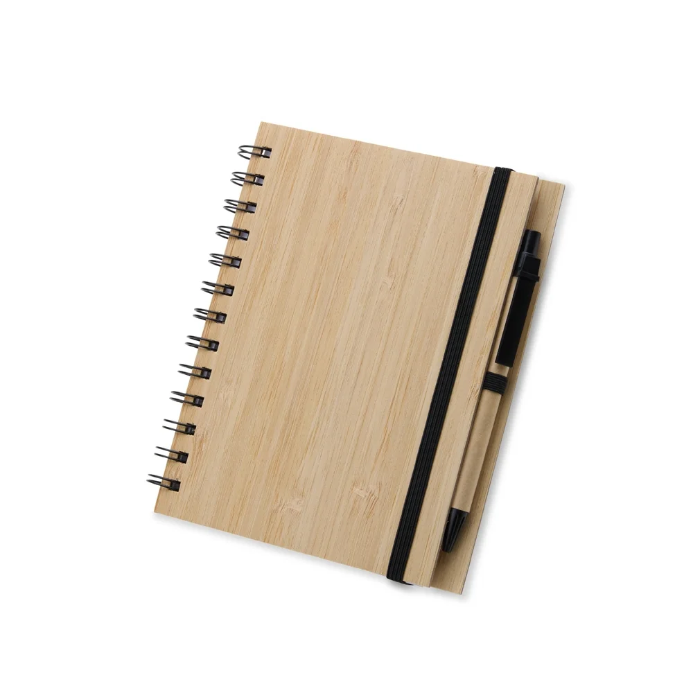 Caderno A5 capa tipo bambu com caneta personalizado