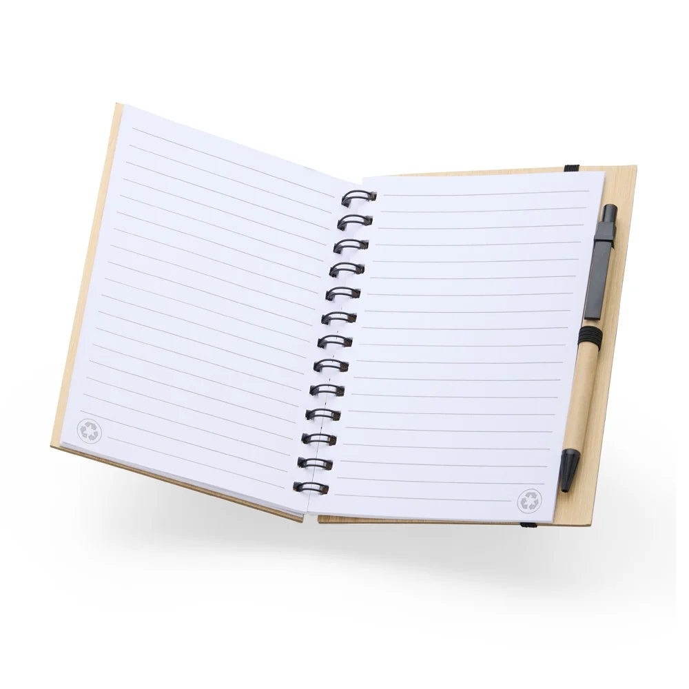 Caderno A5 capa tipo bambu com caneta personalizado