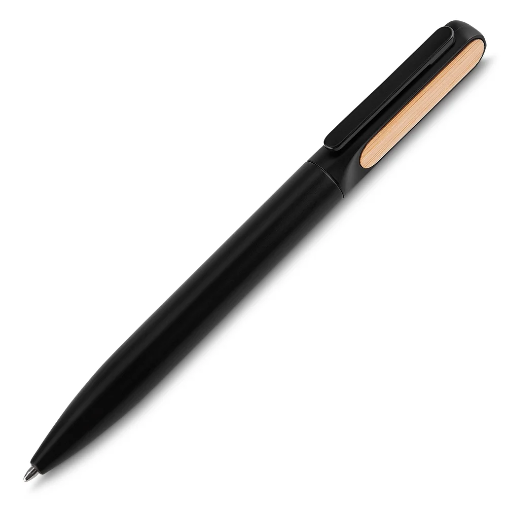 Caneta metálica com detalhe em bambu e estojo personalizada
