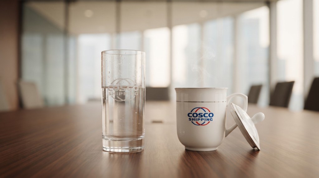 Copo de cristal e caneca de porcelana personalizados com o logo da Cosco Shipping, produzidos pela Brindear