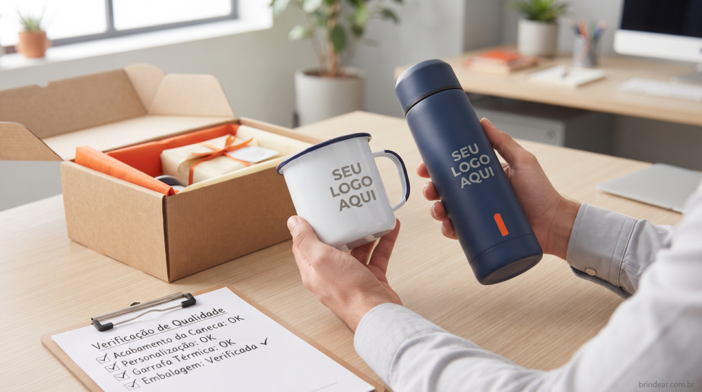 Avaliação de qualidade de brindes corporativos personalizados, com caneca e garrafa térmica com a frase "seu logo aqui" e embalagem cuidadosa em caixa kraft