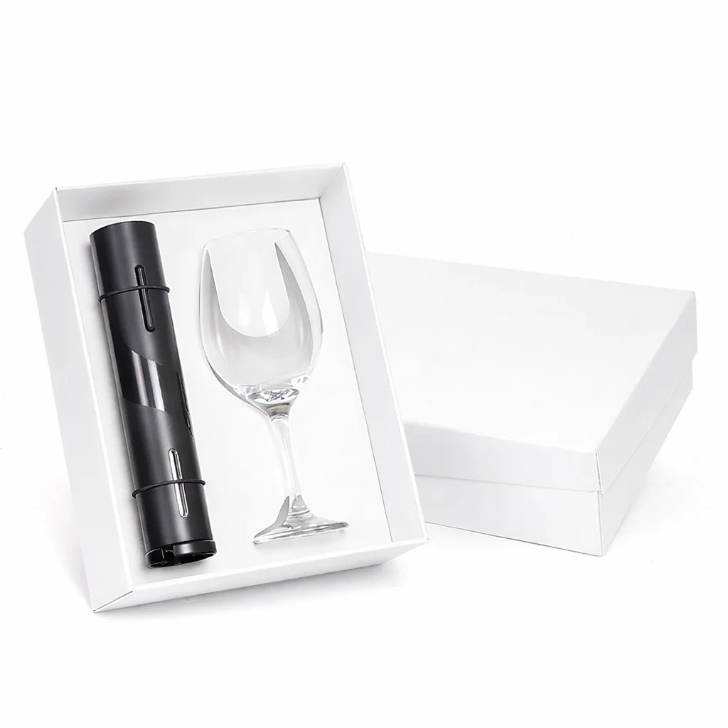 Kit vinho personalizado com taça de 385ml e abridor de vinho elétrico recarregável via USB em caixa para apresentação
