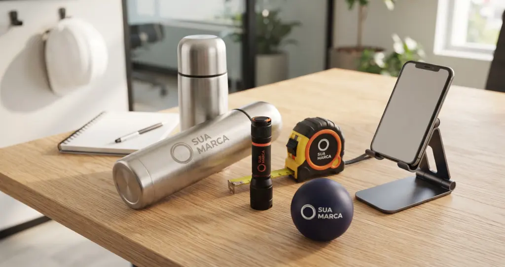 Brindes personalizados para SIPAT: garrafa térmica, lanterna, trena, antiestresse e suporte para celular sobre mesa de escritório