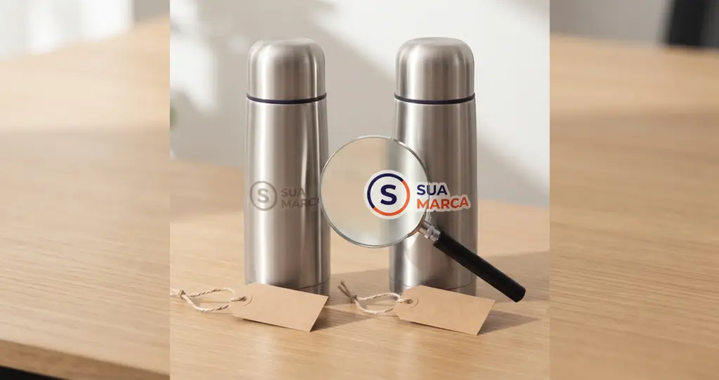 Duas garrafas térmicas personalizadas parecidas, uma com gravação a laser e outra com adesivo, com etiquetas de preço e uma lupa entre elas