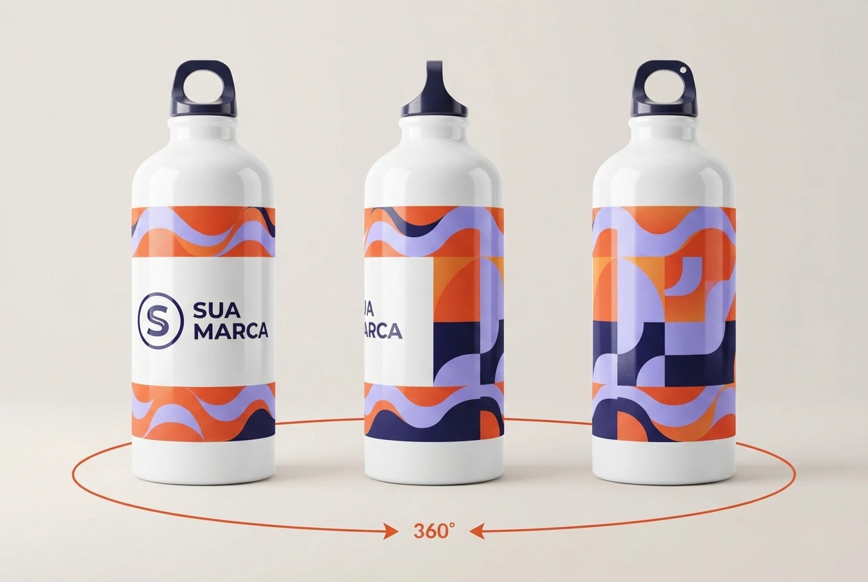 Impressão UV digital 360 graus com estampa colorida contínua em garrafa personalizada, vista de frente, lateral e costas