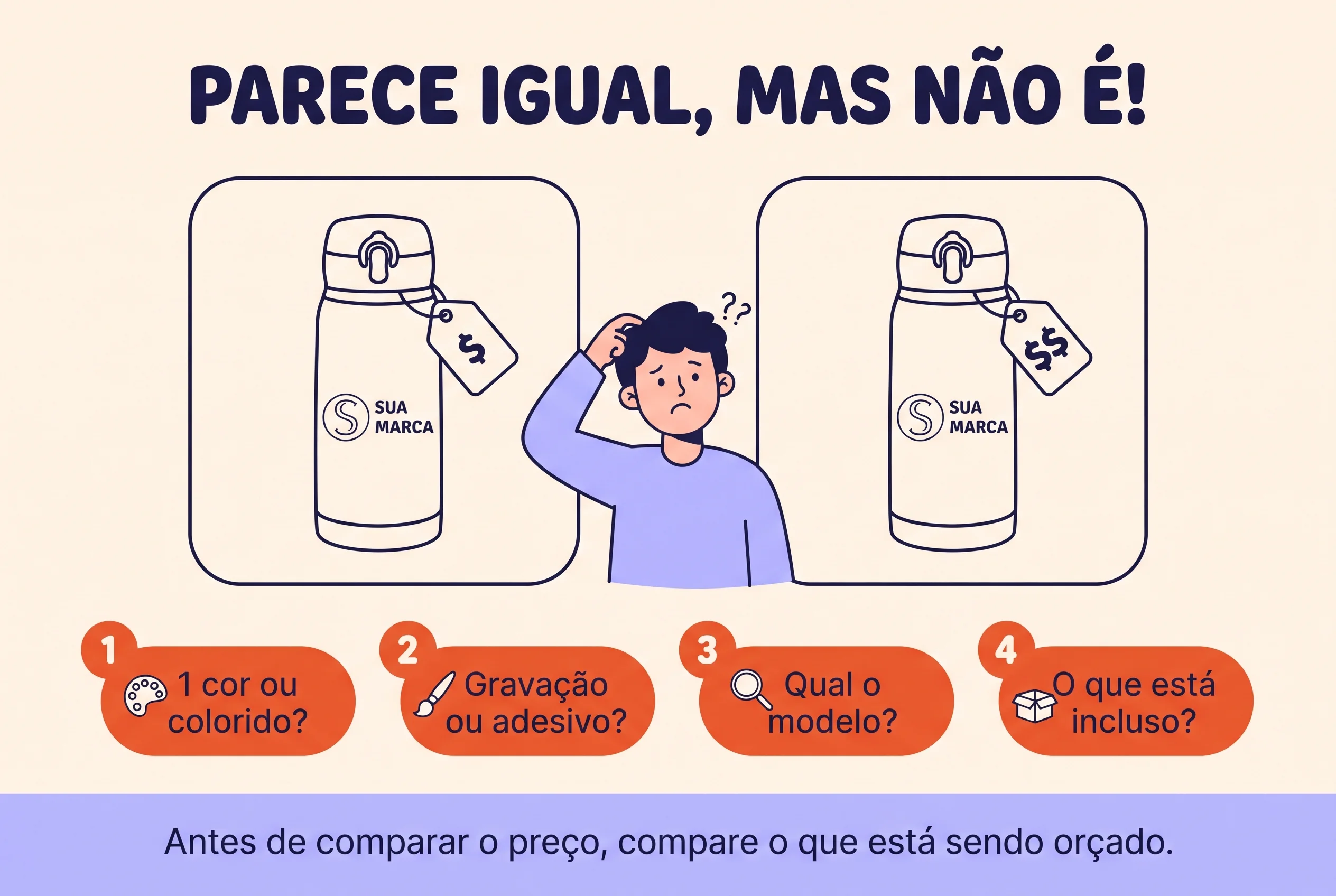 Ilustração divertida de duas garrafas personalizadas com preços diferentes e quatro pontos para comparar: quantidade de cores, tipo de personalização, modelo e o que está incluso