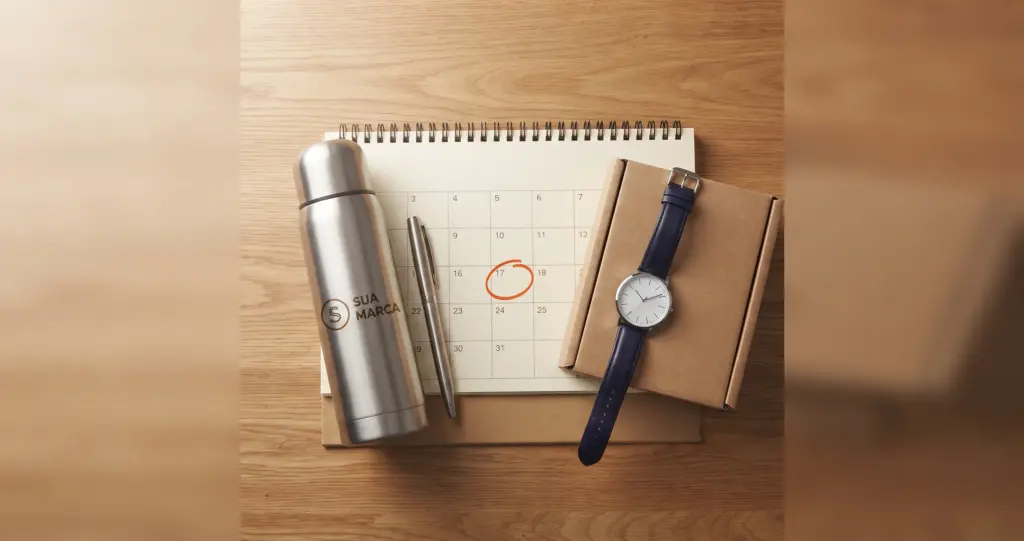 Calendário com data marcada ao lado de brindes personalizados e caixa pronta para envio, representando o prazo de produção de brindes