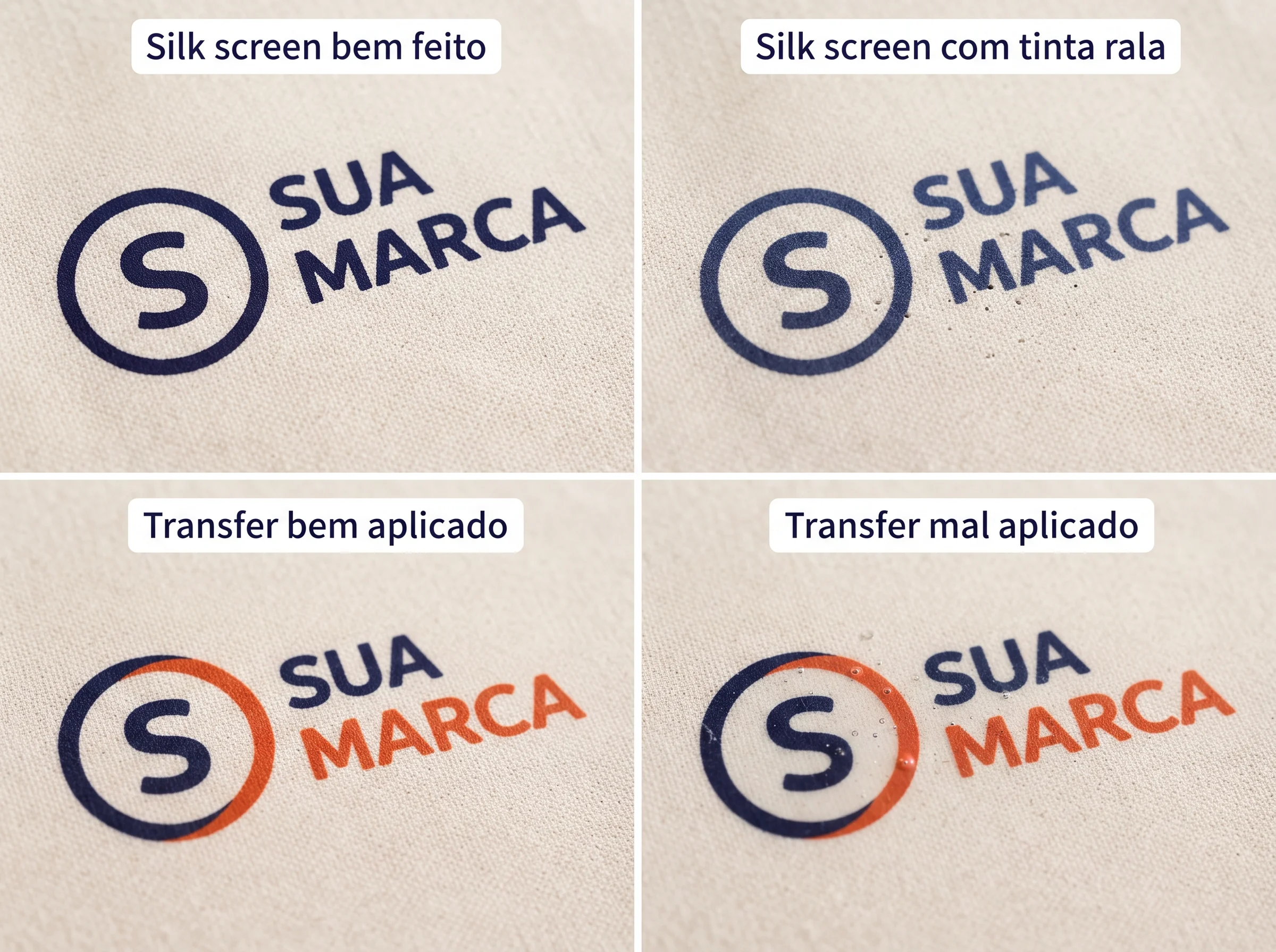 Comparação em close entre silk screen bem feito e silk screen com tinta rala, com falhas e cor opaca, e entre transfer têxtil bem aplicado e transfer mal aplicado, com bolhas e craquelado fino, na mesma ecobag de algodão